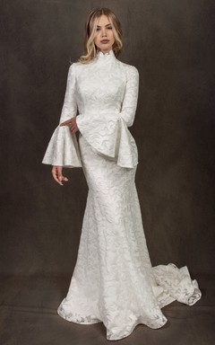 Vestido de novia de sirena de cuello alto y mangas acampanadas, de encaje, estilo modesto, para invierno.