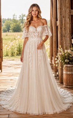Vestido de novia de tul y encaje campestre, corte en A, hombros descubiertos, manga corta, cola capilla, espalda baja en V.