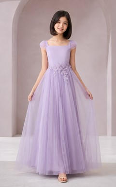 Lavendelfarbenes Brautjungfernkleid für junge Damen, A-Linie, Rundhalsausschnitt, kurze Puffärmel, Tüllapplikationen, Blumen, elegant, romantisch
