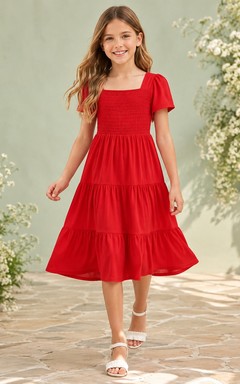Red Square Neck Short Sleeve Tiered Chiffon Flowergirl Dress