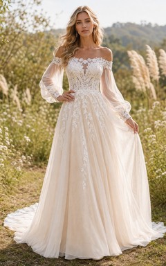Champagnerfarbenes Boho-Brautkleid in A-Linie aus Spitze mit schulterfreiem Schnitt, langen Ärmeln und Kapellenschleppe