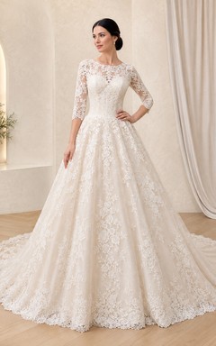 Robe de mariée romantique style bateau, manches trois-quarts en dentelle, coupe chapelle