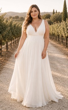 Übergröße Elfenbein Ärmelloses Chiffon-Hochzeitskleid in A-Linie mit V-Ausschnitt, ärmellos