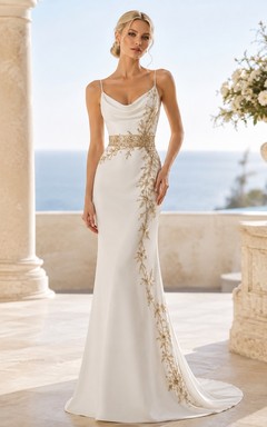 Coastal Gilded Drape Mermaid/Trumpet Bridal Dress Cowl Neck Sleeveless Floor-length Sweep Train Modern Gown