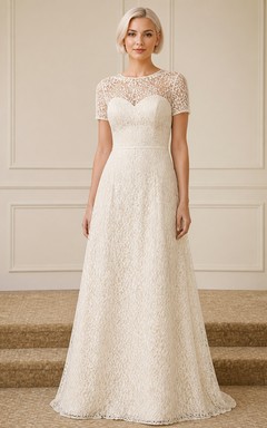 Schlichtes Vintage-Hochzeitskleid aus Spitze mit hohem Kragen, kurzen Ärmeln und A-Linie