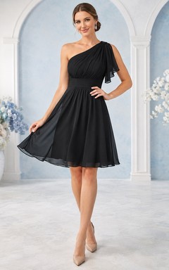 Black One-Shoulder Chiffon Short Sleeve Knee-Length A-Line Cocktail Guest Dress