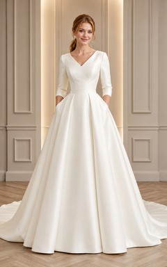Classic Modest V-Neck Three Quarter Sleeve Satin Ball Gown Court Train Wedding Dress