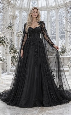 Vestido de novia gótico de corte A con capa, escote corazón y manga larga, color negro.