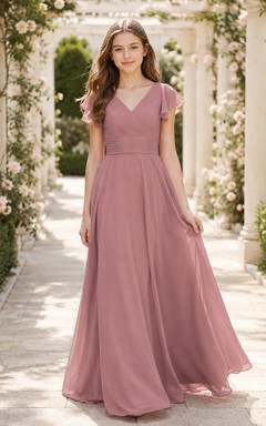 Vintage-Brautjungfernkleid in Mauve, A-Linie, V-Ausschnitt, kurze Blütenblattärmel, Chiffon, elegant