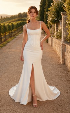 Spaghetti Strap Satin Mermaid Wedding Dress with Front Split