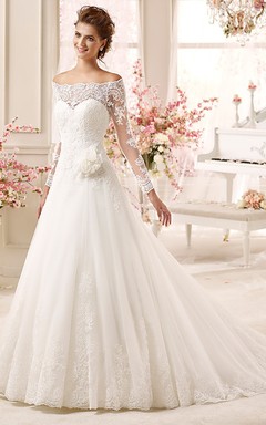 Off-shoulder A-line Dress with Long Sleeves and Flowers