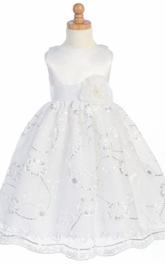 Teelanges ärmelloses Blumenmädchenkleid aus Tüll und Satin mit Schleife
