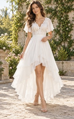 Robe de mariée trapèze en mousseline de soie et dentelle, manches papillon asymétriques, col en V, dentelle, coupe trapèze