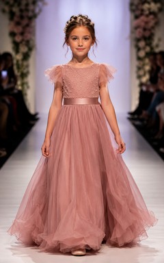 Robe de demoiselle d'honneur en tulle rose poudré à manches papillon, coupe trapèze