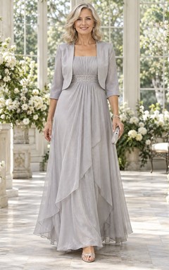Vestido de novia plateado estilo imperio, corte A, largo hasta el suelo, con escote cuadrado y chaqueta corta con cuentas, ideal para la madre de la novia.