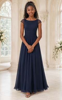 Vestido de dama de honor juvenil azul marino oscuro, corte en A, escote redondo, manga corta, elegante.