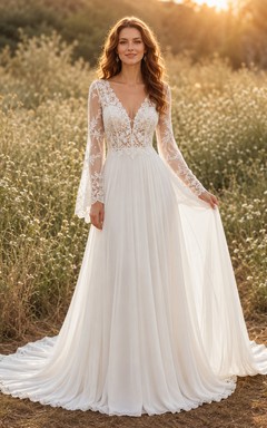 Robe de mariée bohème en mousseline de soie, coupe trapèze, longueur au sol, col en V, manches longues, signée Meadow Covenant