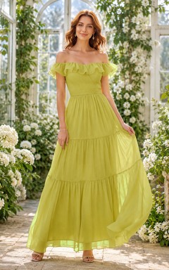 Chartreuse Off Shoulder Tiered Chiffon Floor Length A Line Garden Guest Dress
