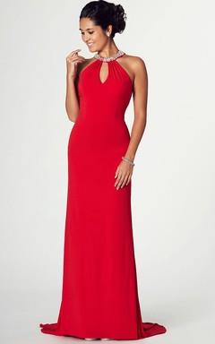 High Neck Beaded Sleeveless Chiffon Prom Dress With Brush Train