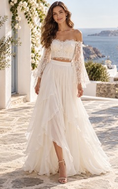 Two Piece Boho Long Bell Sleeve Tiered Chiffon Wedding Dress
