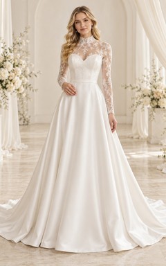 Modest High Neck Long Sleeve Lace Satin A-Line Wedding Dress
