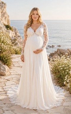Vestido de novia de maternidad largo hasta el suelo, estilo imperio, con escote en V y mangas largas, ideal para fugas románticas.