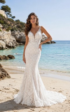 Romantic Deep V Strap Lace Mermaid Sweep Train Beach Destination Wedding Gown