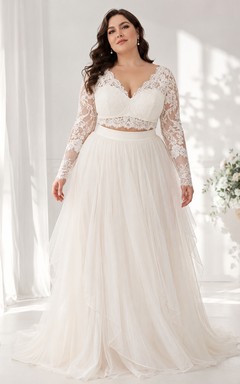 Plus Size Long Sleeve Lace Top Tulle Studio Bridal Set