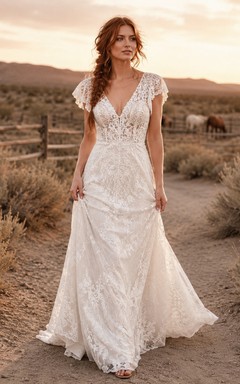 Western Rustic Cap Sleeve Lace Sheath Wedding Dress