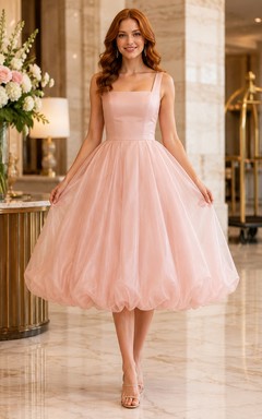 Cocktail Dress Blush Tulle A-Line Square Neck Sleeveless Tea Length