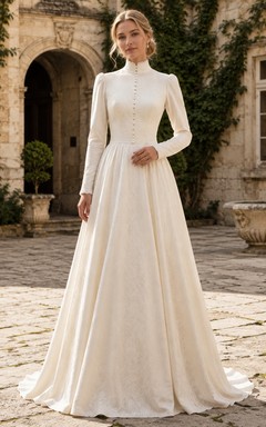 Robe de mariée vintage à col montant et boutons de nacre, style cour intérieure