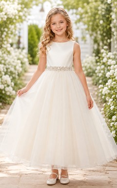 Satin Bodice Tulle A-Line Flower Girl Dress with Jewel Neck, Tea-Length Skirt and Sash Detail