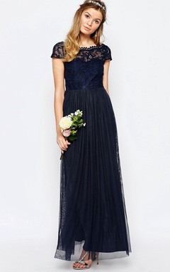 A-Line Appliqued Bateau-Neck Floor-Length Short-Sleeve Chiffon Bridesmaid Dress With Pleats