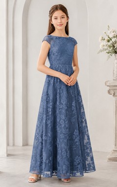 Vestido de dama de honor juvenil azul rey, corte A, escote barco, manga corta, estampado floral vintage