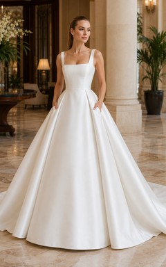 Vestido de novia de satén, estilo princesa, con detalle de tirantes y cola larga.