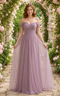 Lavender Rose Garden A-Line Tulle Chiffon Bridesmaid Dress with Off-Shoulder Sweetheart Short Sleeve Bodice, Pleated Floor-Length Skirt and Zipper Back