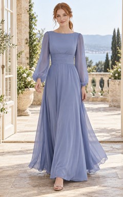 Schlichtes, periwinkelfarbenes Chiffon-Brautjungfernkleid mit langen Ärmeln, U-Boot-Ausschnitt, geraffter Taille und bodenlangem Schnitt