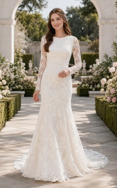 Vintage LDS Bateau Long Sleeve Allover Lace Mermaid Sweep Train Wedding Dress
