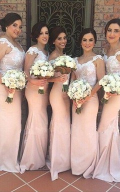 Elegantes, schulterfreies Meerjungfrauen-Brautjungfernkleid in Rosé, bodenlang mit Spitzenapplikationen
