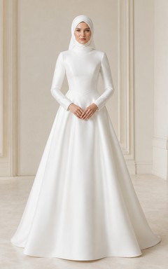 Modest Muslim Long Sleeve High Neck Satin A-Line Wedding Dress