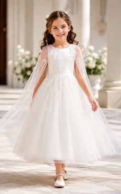 Vestido formal de ceremonia de Primera Comunión para niña de las flores con capa de tul blanco con cuentas