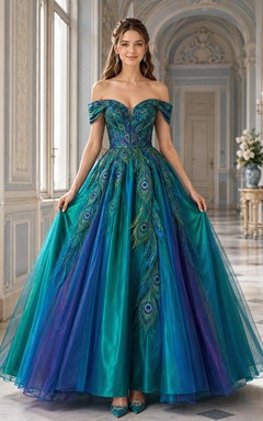 Peacock Prom Dress A-Line Tulle Printed Off-the-Shoulder Full Skirt Luxury Gown