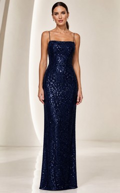 Dark Navy Spaghetti Strap Sequin Sheath Evening Dress