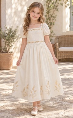 Square Neck Country Cream Puff Sleeve Wheat Embroidered Cotton Flower Girl Dress