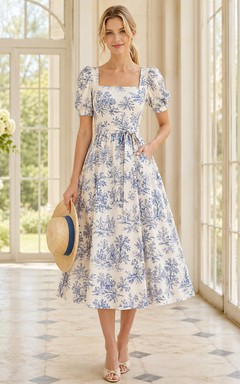 Robe midi trapèze à col carré et manches bouffantes en toile bleue