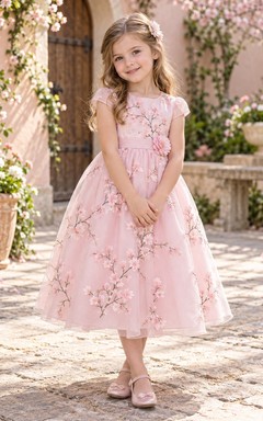 Tea-length Pearl Pink Cap Sleeve Branch Floral Tulle A-line Flower Girl Dress