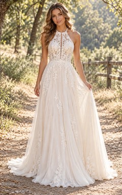 Boho Halter Floral Lace Flowing Chiffon Sleeveless A-line Wedding Dress