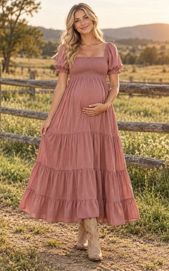 Robe de maternité champêtre à col carré et manches bouffantes à volants rose poudré