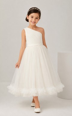 One Shoulder Tulle A-Line Flower Girl Dress with Tea-Length Skirt
