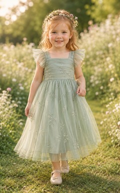 Sage Flower Girl Dress Tea-Length A-Line Square Neck Ruched Tulle Flutter Sleeve Embroidered Vine